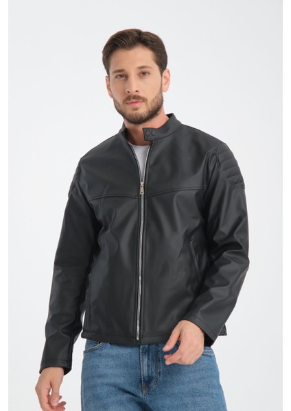Erkek Fit Kalıp Motorcu Mont Düz Yarışçı Ceket Kolej Mont