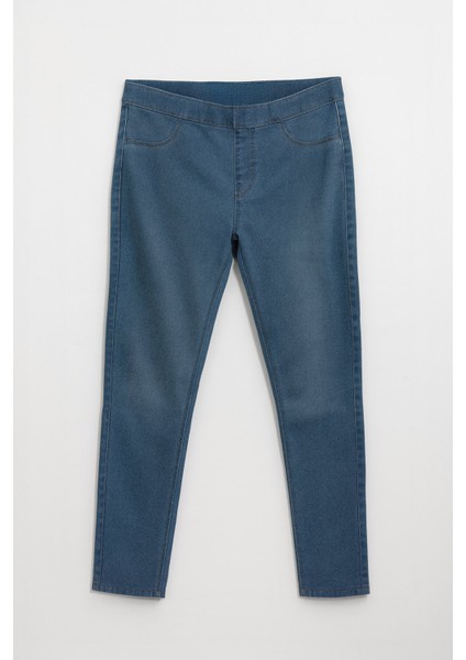 Kadın Yüksek Bel Beli Lastikli Mavi Tayt Jean Pantolon