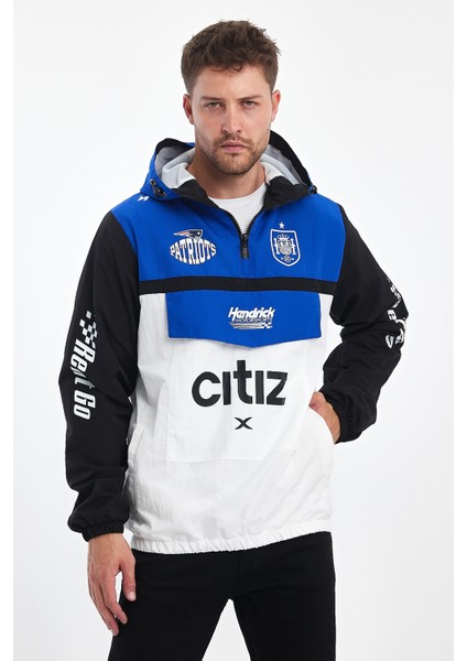 Erkek Baskılı Iki Renk Fermuarlı Motorcu Yağmurluk Su Geçirmez Yarışçı Ceket Baskılı Kolej Mont