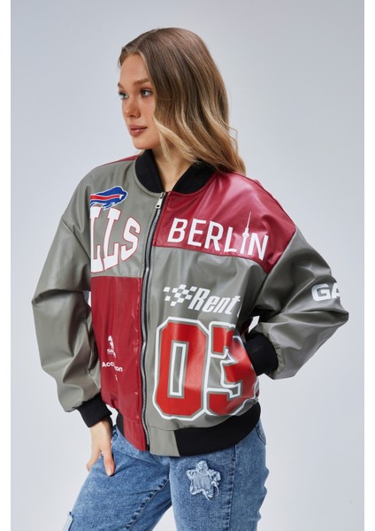 Kadın Oversize Baskılı Deri Motorcu Montu Fermuarlı Yarışçı Ceket Astarlı Bomber Kolej Mont fiyatları