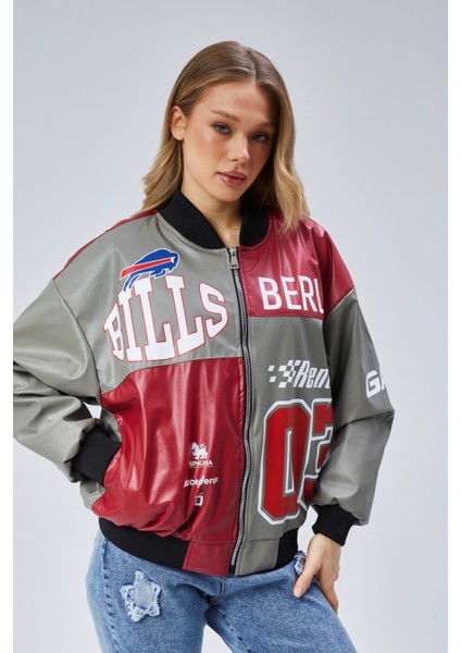 Kadın Oversize Baskılı Deri Motorcu Montu Fermuarlı Yarışçı Ceket Astarlı Bomber Kolej Mont modelleri