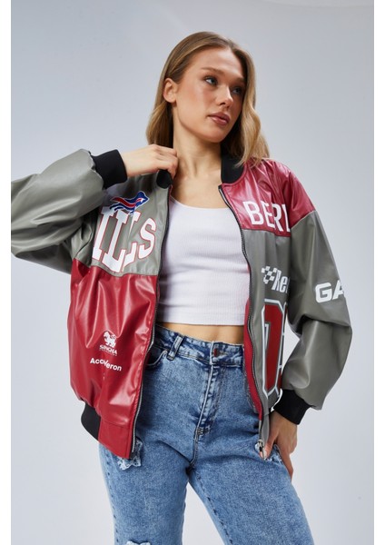 Kadın Oversize Baskılı Deri Motorcu Montu Fermuarlı Yarışçı Ceket Astarlı Bomber Kolej Mont fırsatları