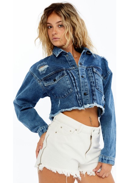 Kadın Kot Ceket Oversize Bomber Niş Tasarım Özgünlük Günlük Kullanıma Uygun Şık Mont Crop Kot Ceket