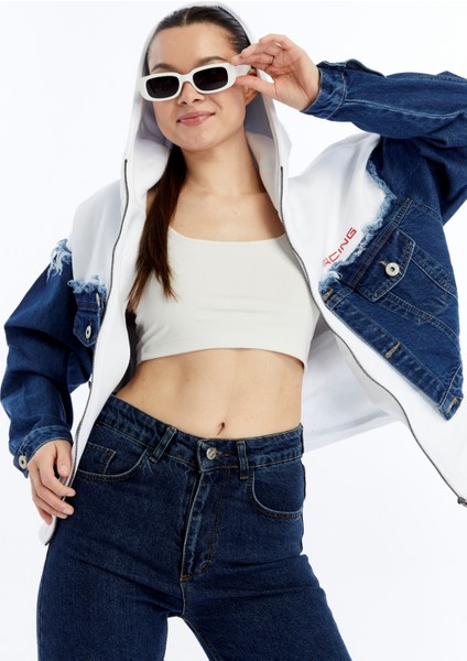 Kadın Oversize Penye ve Kot Garnili Ceket Fermuarlı Kolej Mont Baskılı Günlük Kullanım Kot Ceket