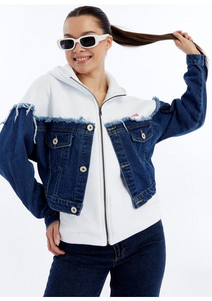 Kadın Oversize Penye ve Kot Garnili Ceket Fermuarlı Kolej Mont Baskılı Günlük Kullanım Kot Ceket fiyatları