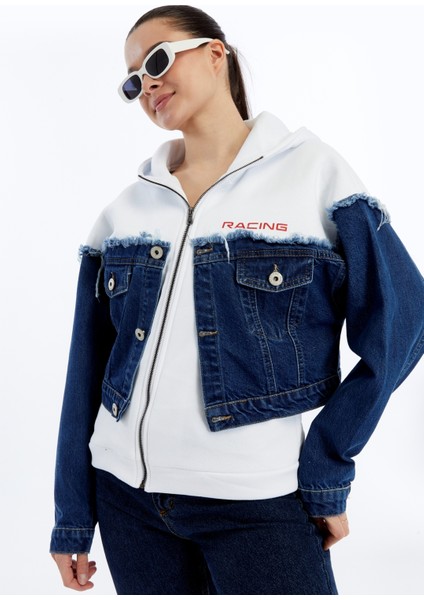 Kadın Oversize Penye ve Kot Garnili Ceket Fermuarlı Kolej Mont Baskılı Günlük Kullanım Kot Ceket modelleri