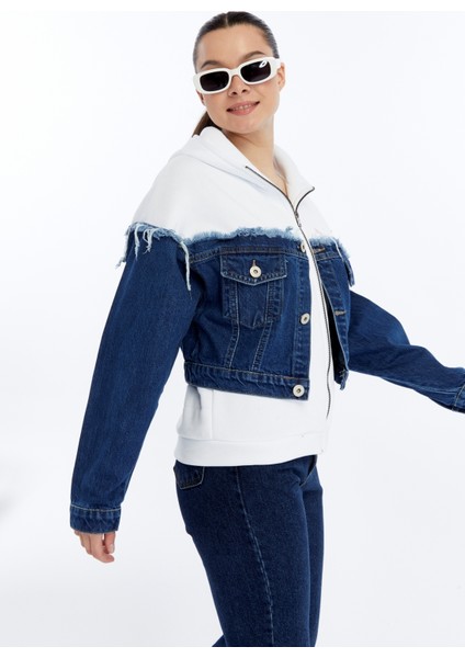 Kadın Oversize Penye ve Kot Garnili Ceket Fermuarlı Kolej Mont Baskılı Günlük Kullanım Kot Ceket fırsatları