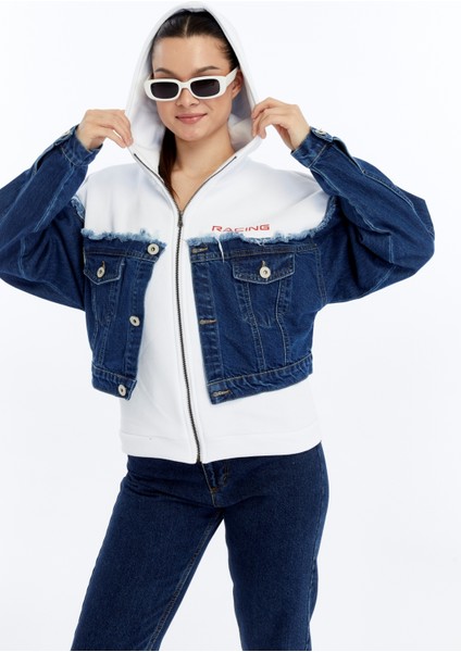 Kadın Oversize Penye ve Kot Garnili Ceket Fermuarlı Kolej Mont Baskılı Günlük Kullanım Kot Ceket indirimleri