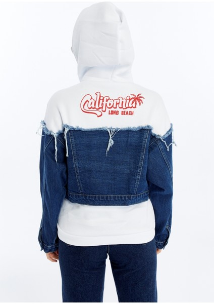 Kadın Oversize Penye ve Kot Garnili Ceket Fermuarlı Kolej Mont Baskılı Günlük Kullanım Kot Ceket