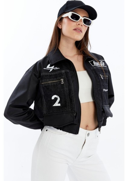 Kadın Oversize Kot Ceket Kolları Deri Garnili Motorcu Montu Baskılı Yarışçı Kolej Bomber Ceket