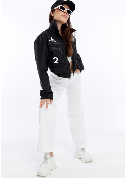 Kadın Oversize Kot Ceket Kolları Deri Garnili Motorcu Montu Baskılı Yarışçı Kolej Bomber Ceket modelleri