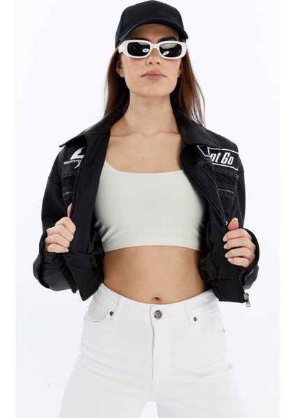 Kadın Oversize Kot Ceket Kolları Deri Garnili Motorcu Montu Baskılı Yarışçı Kolej Bomber Ceket fırsatları