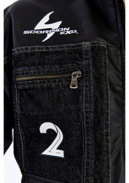 Kadın Oversize Kot Ceket Kolları Deri Garnili Motorcu Montu Baskılı Yarışçı Kolej Bomber Ceket indirimleri