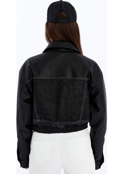 Kadın Oversize Kot Ceket Kolları Deri Garnili Motorcu Montu Baskılı Yarışçı Kolej Bomber Ceket