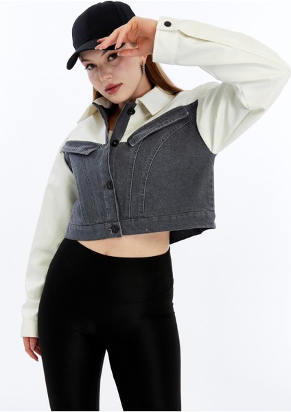 Kadın Oversize Kot Ceket Kolları Deri Garnili Motorcu Montu Günlük Kullanım Yarışçı Kolej Ceket