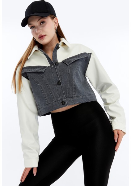 Kadın Oversize Kot Ceket Kolları Deri Garnili Motorcu Montu Günlük Kullanım Yarışçı Kolej Ceket fiyatları