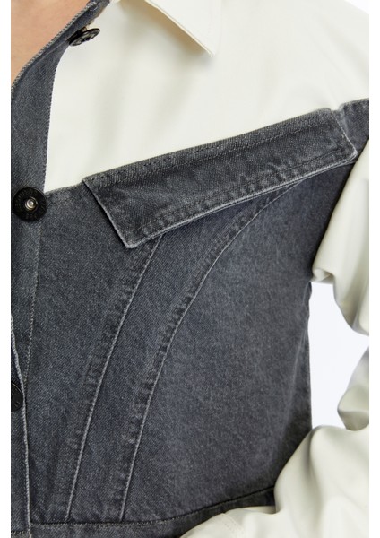 Kadın Oversize Kot Ceket Kolları Deri Garnili Motorcu Montu Günlük Kullanım Yarışçı Kolej Ceket modelleri