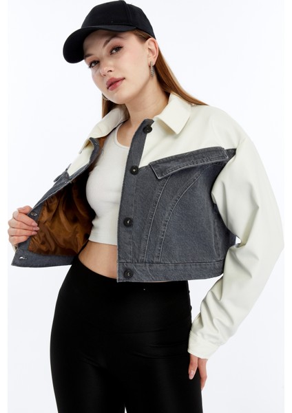 Kadın Oversize Kot Ceket Kolları Deri Garnili Motorcu Montu Günlük Kullanım Yarışçı Kolej Ceket indirimleri