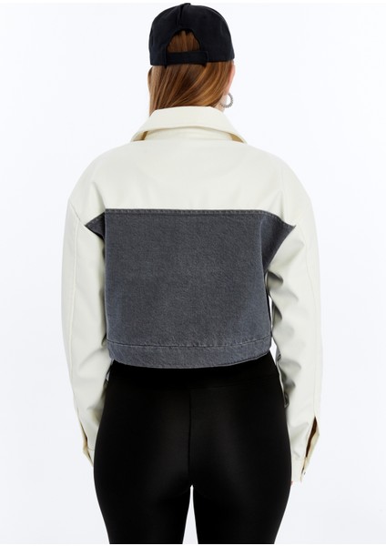 Kadın Oversize Kot Ceket Kolları Deri Garnili Motorcu Montu Günlük Kullanım Yarışçı Kolej Ceket