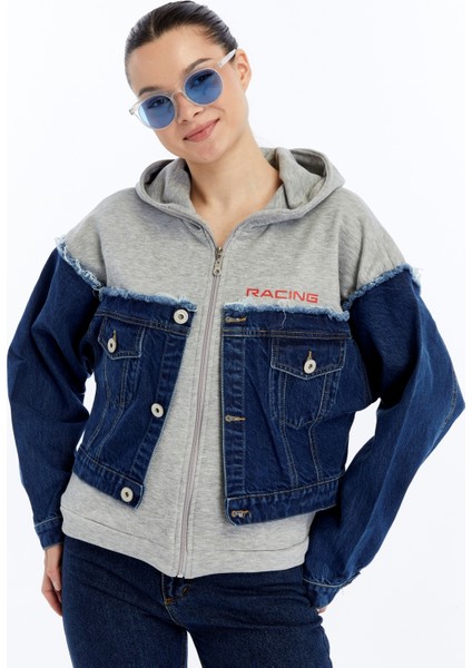 Kadın Oversize Penye ve Kot Garnili Ceket Fermuarlı Kolej Mont Baskılı Günlük Kullanım Kot Ceket fiyatları