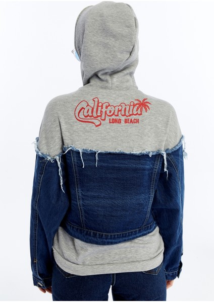 Kadın Oversize Penye ve Kot Garnili Ceket Fermuarlı Kolej Mont Baskılı Günlük Kullanım Kot Ceket