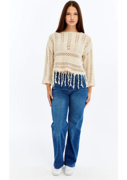 Kadın Örgü Bohem Püsküllü Crop Bluz – Bej Delikli Yazlık Triko Üst fiyatları