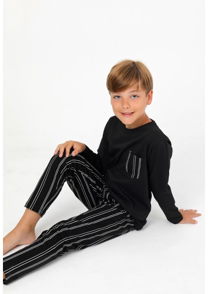 Erkek Çocuk Uzun Kollu %100 Pamuklu Cepli Pijama Takımı Drift