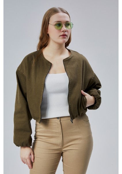 Kadın Kot Elastik Kenarlı Yumuşak Bomber Ceket Bisiklet Yaka Uzun Kollu Önü Fermuarlı Mont