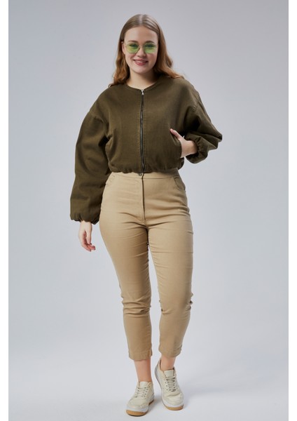 Kadın Kot Elastik Kenarlı Yumuşak Bomber Ceket Bisiklet Yaka Uzun Kollu Önü Fermuarlı Mont