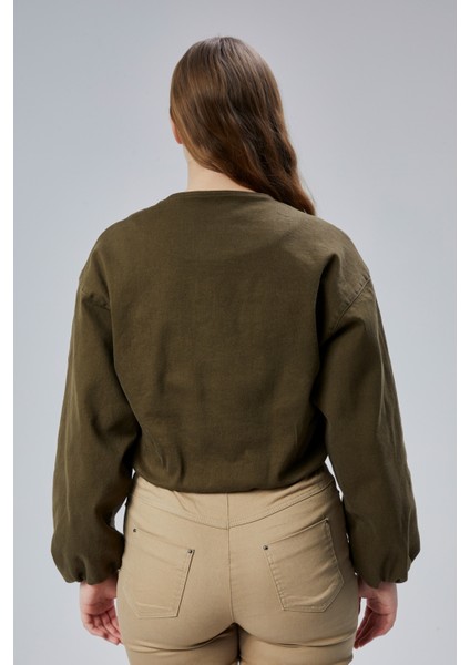 Kadın Kot Elastik Kenarlı Yumuşak Bomber Ceket Bisiklet Yaka Uzun Kollu Önü Fermuarlı Mont