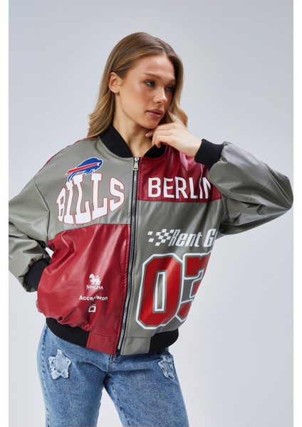 Kadın Oversize Baskılı Deri Motorcu Montu Fermuarlı Yarışçı Ceket Astarlı Bomber Kolej Mont indirimleri