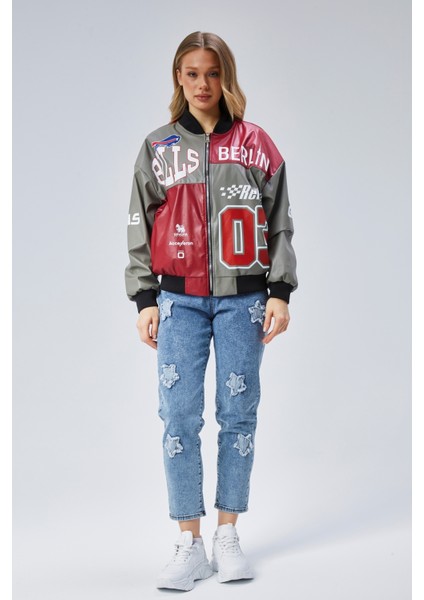 Kadın Oversize Baskılı Deri Motorcu Montu Fermuarlı Yarışçı Ceket Astarlı Bomber Kolej Mont