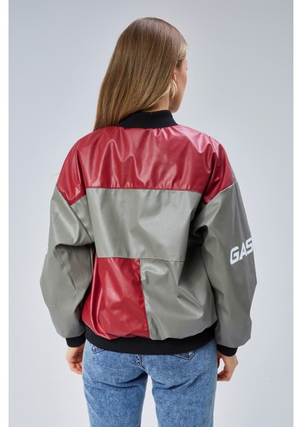 Kadın Oversize Baskılı Deri Motorcu Montu Fermuarlı Yarışçı Ceket Astarlı Bomber Kolej Mont