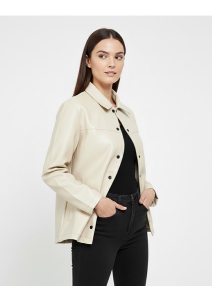 Kadın Çıtçıt Düğmeli - Suni Deri - Ceket -Günlük Kullanım - Blazer Gömlek Yaka - Çift Cepli