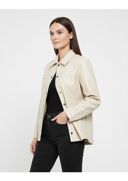 Kadın Çıtçıt Düğmeli - Suni Deri - Ceket -Günlük Kullanım - Blazer Gömlek Yaka - Çift Cepli fiyatları