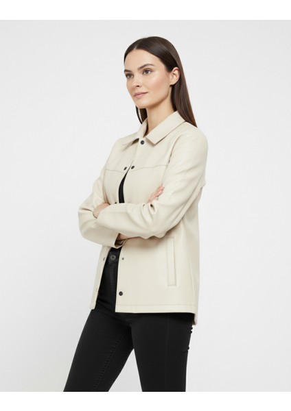 Kadın Çıtçıt Düğmeli - Suni Deri - Ceket -Günlük Kullanım - Blazer Gömlek Yaka - Çift Cepli fırsatları