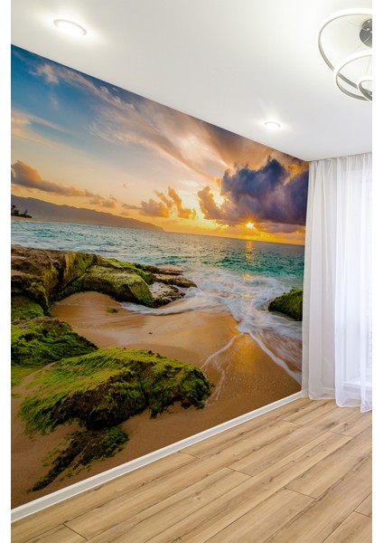 Sahil ve Kumsal Manzaralı Gün Batımı Duvar Kağıdı