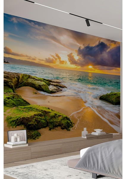 Sahil ve Kumsal Manzaralı Gün Batımı Duvar Kağıdı fiyatları