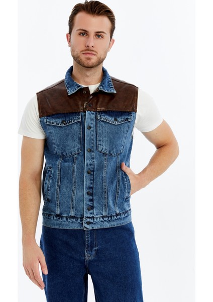 Erkek Deri Birleşenli Kot Yelek Çıt Çıt Kapamalı Niş Tasarım Günlük Kullanım