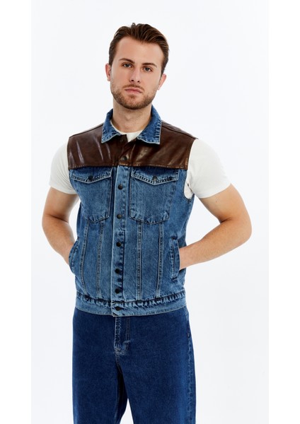 Erkek Deri Birleşenli Kot Yelek Çıt Çıt Kapamalı Niş Tasarım Günlük Kullanım fiyatları