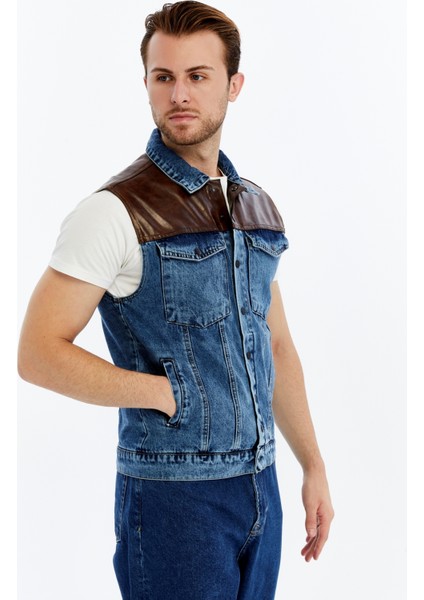 Erkek Deri Birleşenli Kot Yelek Çıt Çıt Kapamalı Niş Tasarım Günlük Kullanım modelleri