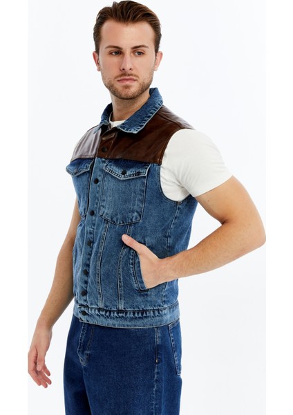 Erkek Deri Birleşenli Kot Yelek Çıt Çıt Kapamalı Niş Tasarım Günlük Kullanım fırsatları