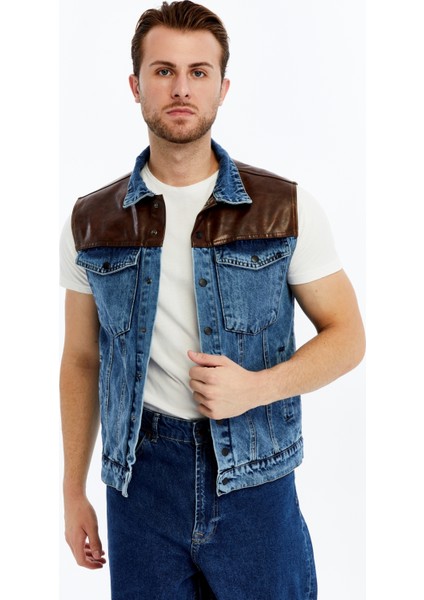 Erkek Deri Birleşenli Kot Yelek Çıt Çıt Kapamalı Niş Tasarım Günlük Kullanım indirimleri