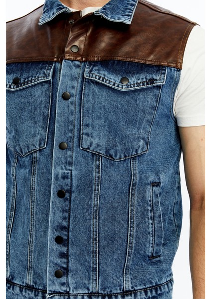 Erkek Deri Birleşenli Kot Yelek Çıt Çıt Kapamalı Niş Tasarım Günlük Kullanım