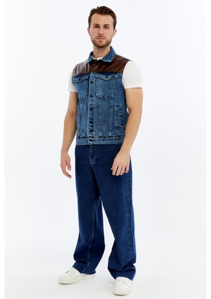 Erkek Deri Birleşenli Kot Yelek Çıt Çıt Kapamalı Niş Tasarım Günlük Kullanım