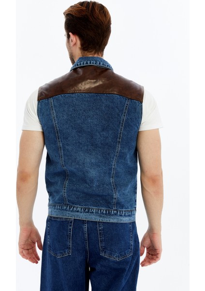 Erkek Deri Birleşenli Kot Yelek Çıt Çıt Kapamalı Niş Tasarım Günlük Kullanım