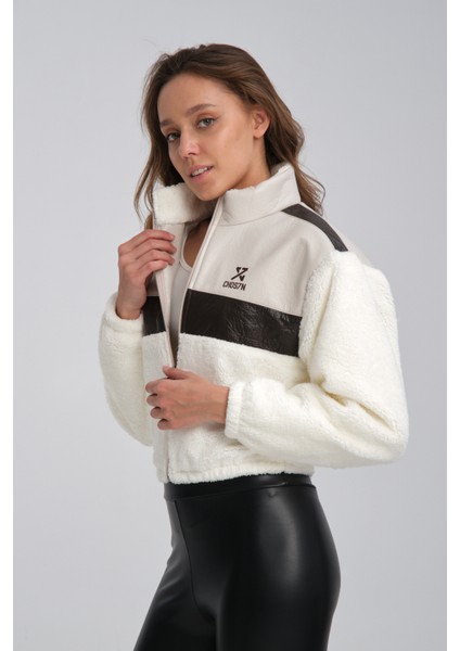 Kadın Oversize Peluş Mevsimlik Hırka Baskılı Ceket Puf Deri Garnili Motorcu Yarışçı Mont Yünlü Ceket