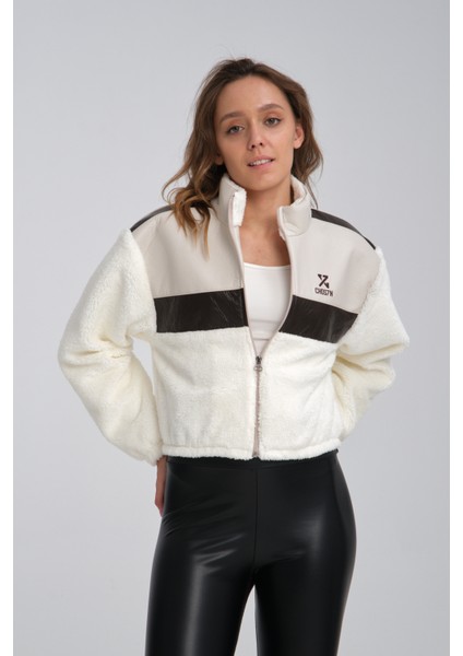 Kadın Oversize Peluş Mevsimlik Hırka Baskılı Ceket Puf Deri Garnili Motorcu Yarışçı Mont Yünlü Ceket