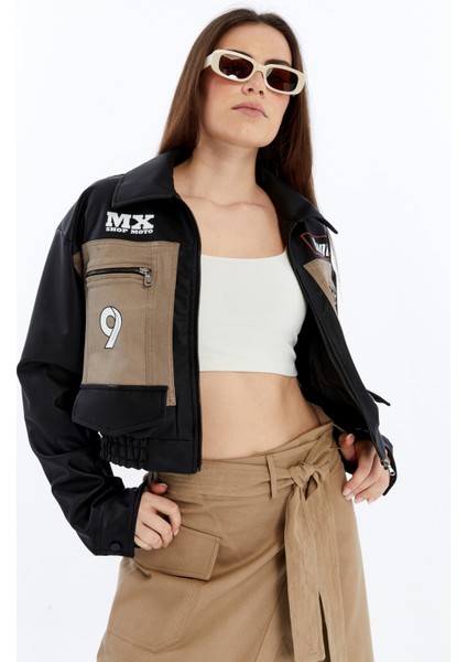 Kadın Oversize Kot Ceket Kolları Deri Garnili Motorcu Montu Baskılı Yarışçı Kolej Bomber Ceket