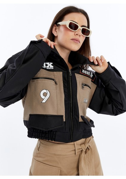 Kadın Oversize Kot Ceket Kolları Deri Garnili Motorcu Montu Baskılı Yarışçı Kolej Bomber Ceket fiyatları